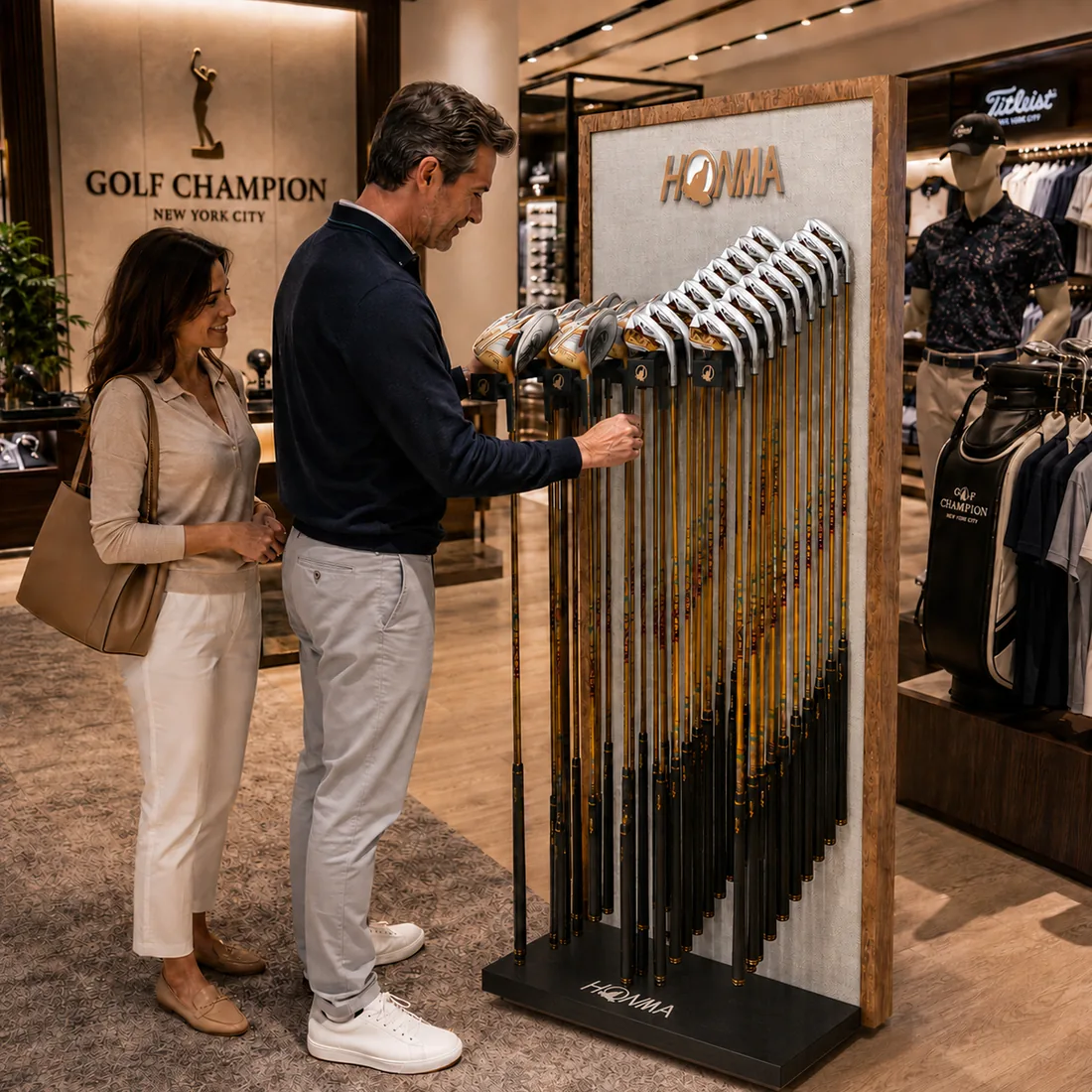 Honma golf club wall display with iron sets in a premium golf shop