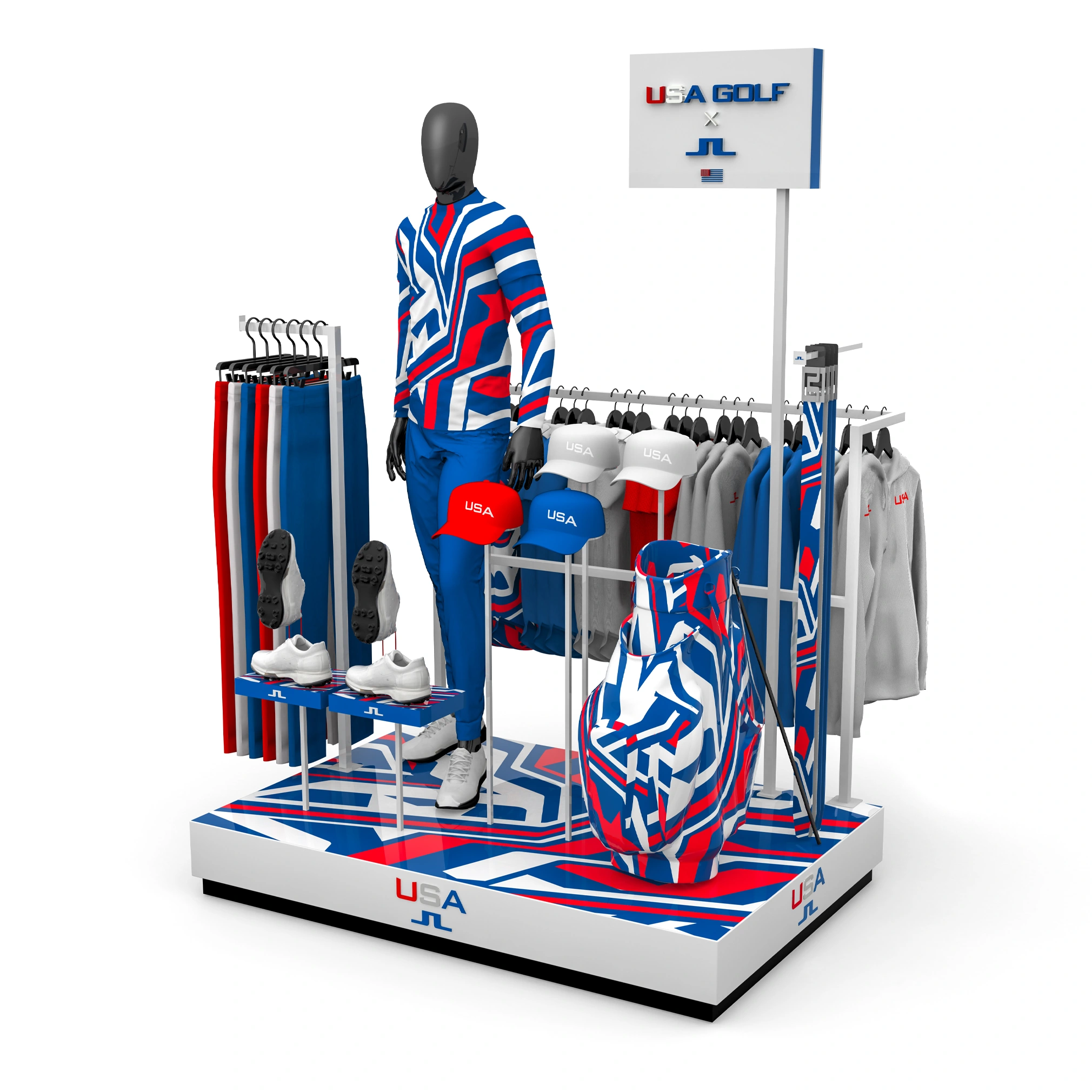 J.Lindeberg riser display, angled view showing apparel rack, mannequin, and patterned golf bag