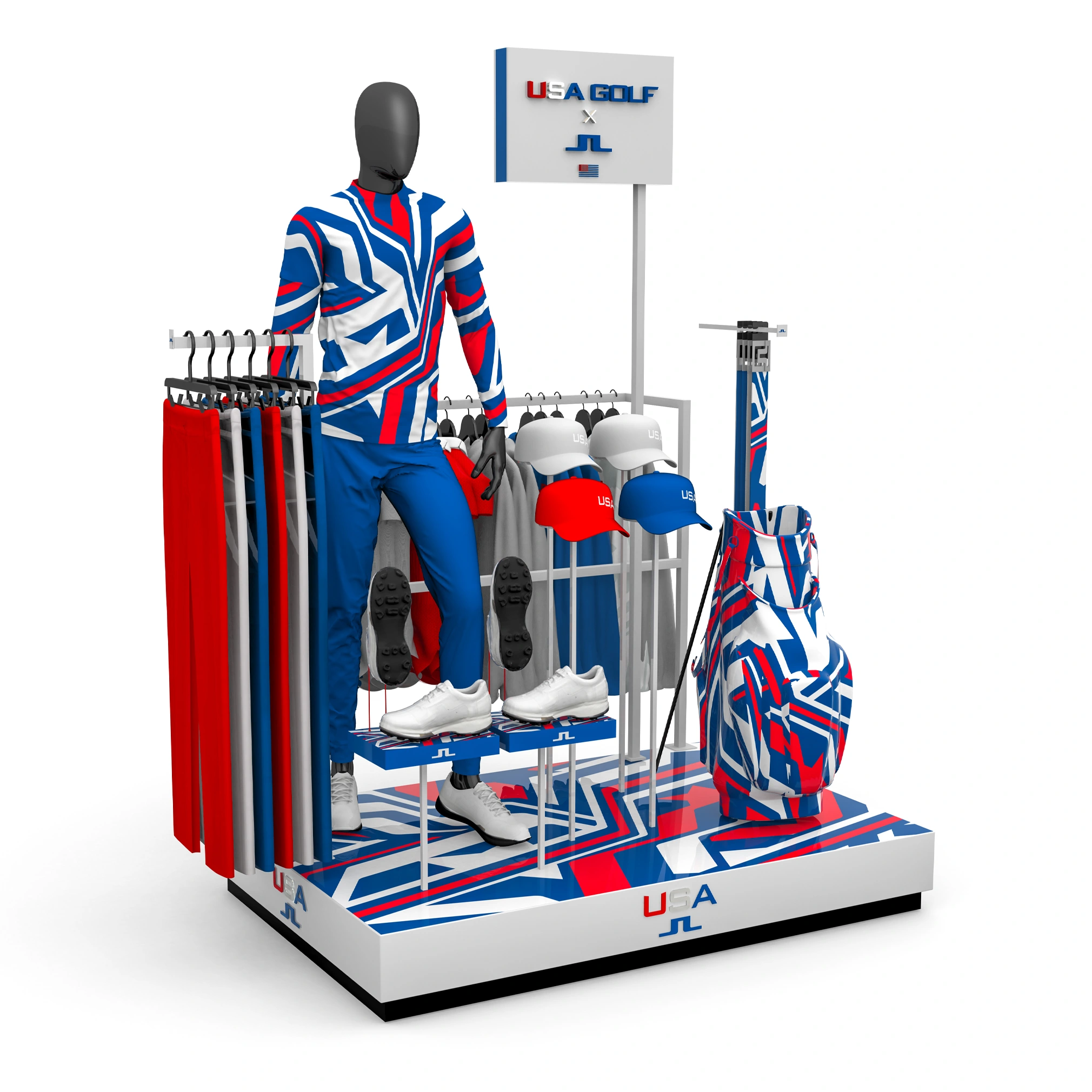 J.Lindeberg x USA Golf riser display, front view with mannequin, apparel, hats, shoes, and golf bag in red, white, and blue