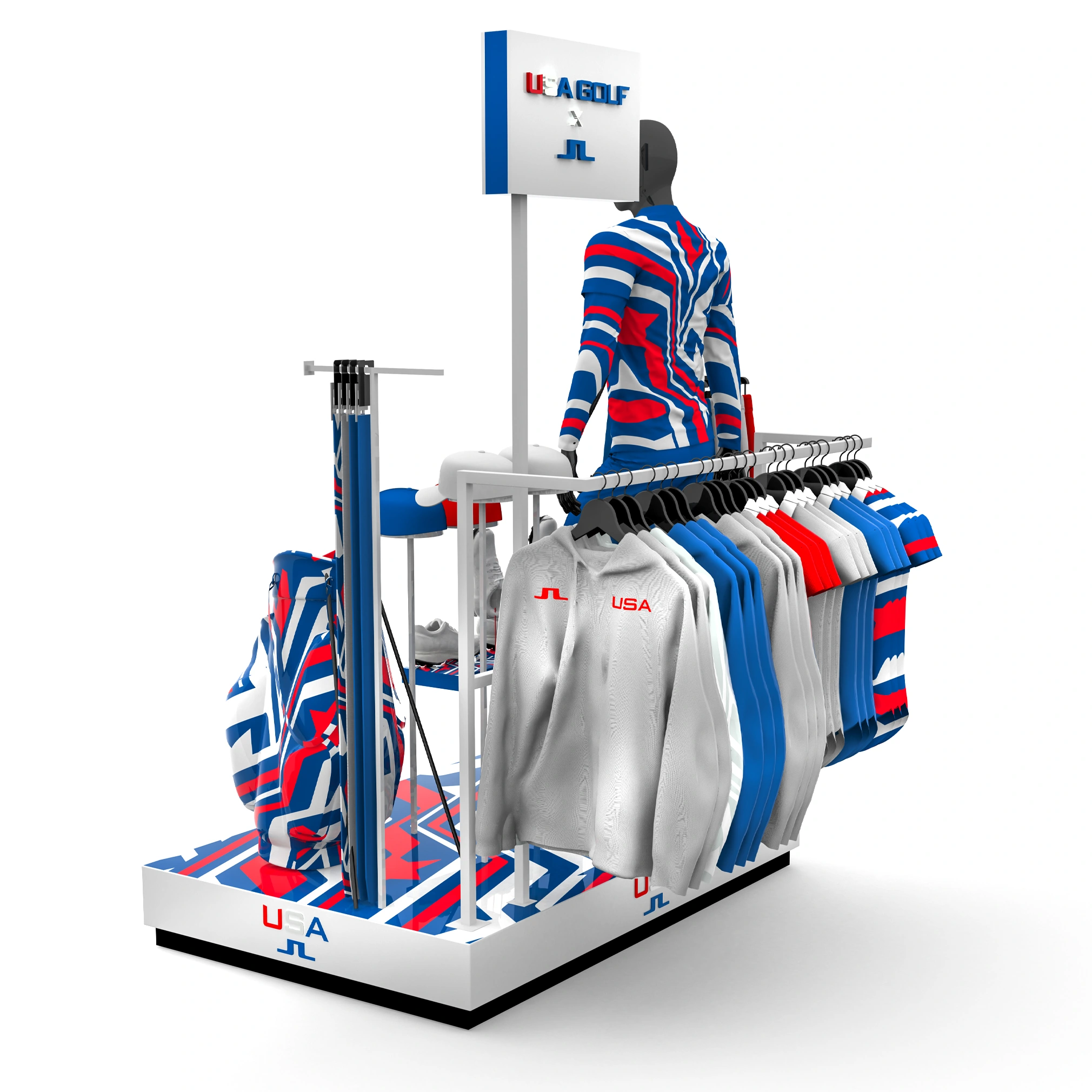 J.Lindeberg riser display, rear-angle view showing folded merchandise and hanging apparel