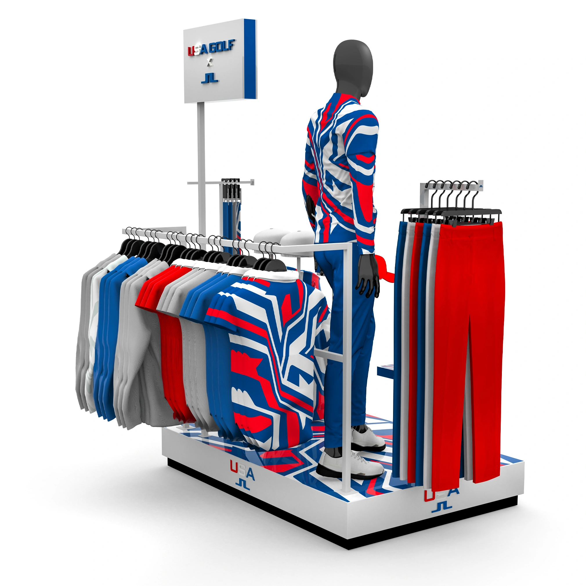 J.Lindeberg riser display, side view showing pants presentation and apparel groupings
