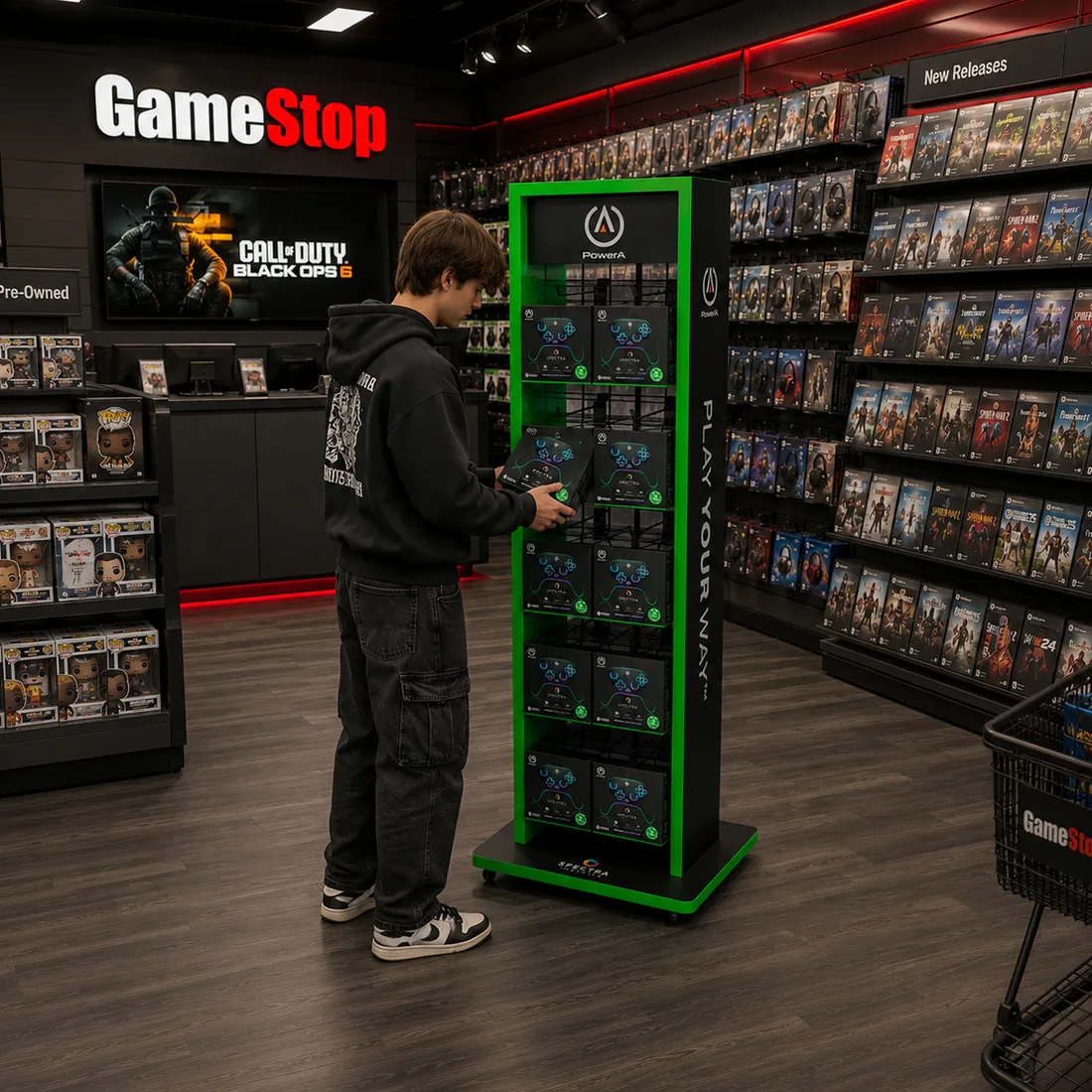 Spectra illuminated freestanding tower display in a game and electronics retail store