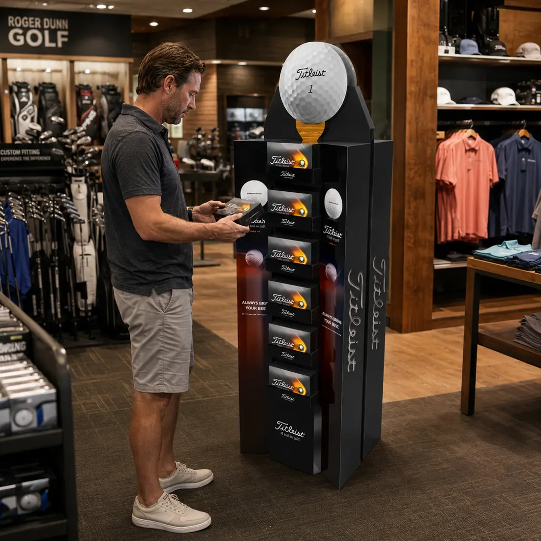 Titleist golf ball floor display shown in a golf retail environment